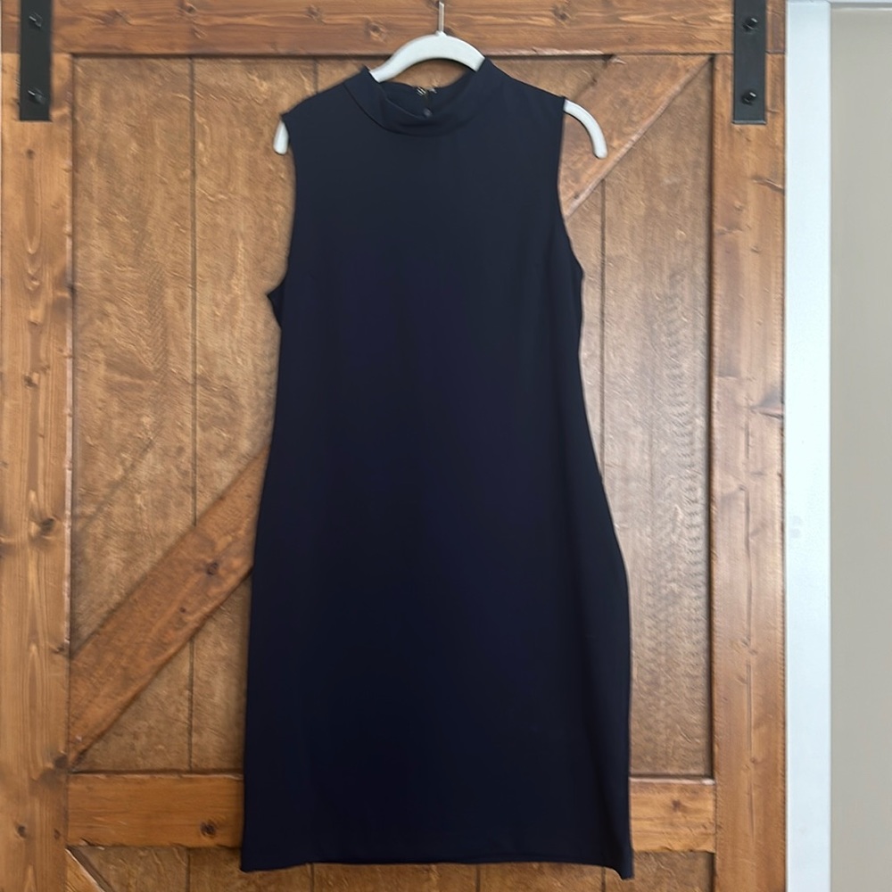 Navy Sheath dress with mock neckline- very flattering!  Size 8 -new with tags
